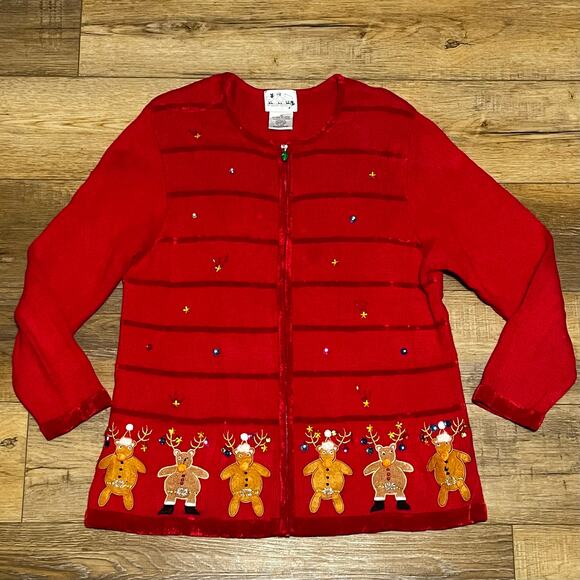 Quacker Factory 1X Christmas Knit Red Cardigan Sweater Full Zip Reindeer Beaded - Picture 2 of 7